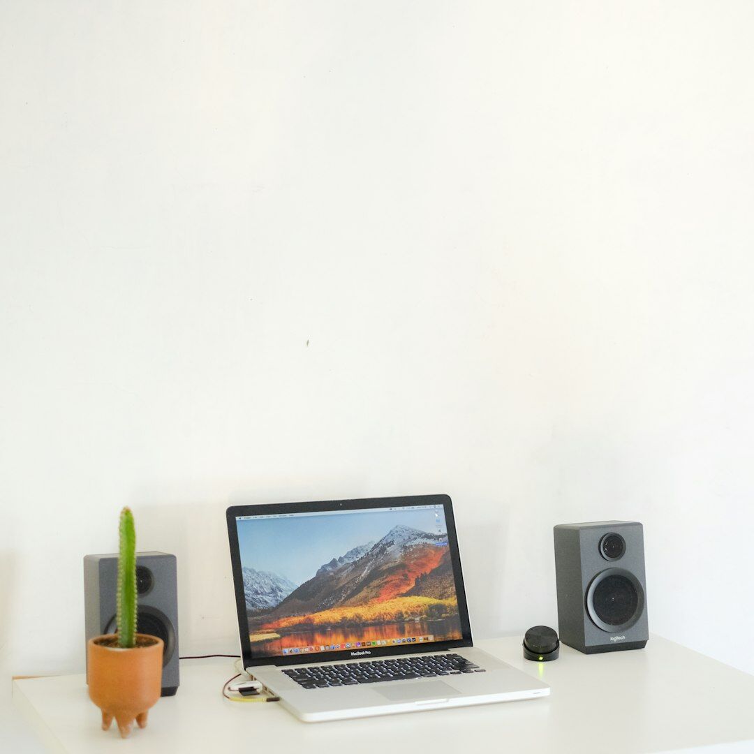 Minimalist desk setup with notebook and plant